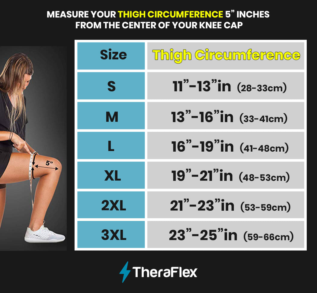 Measuring instructions and size chart for TheraFlex Knee Sleeves.