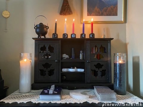 witchcraft altar with moon phase candle set